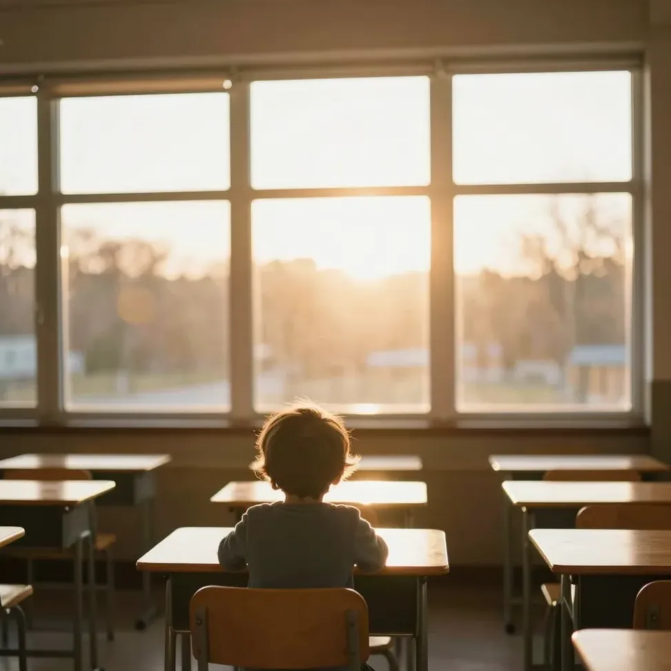 A child at a classroom desk in warm light, seen from behind