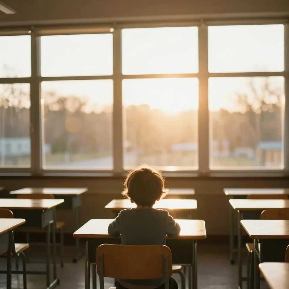 A child at a classroom desk in warm light, seen from behind