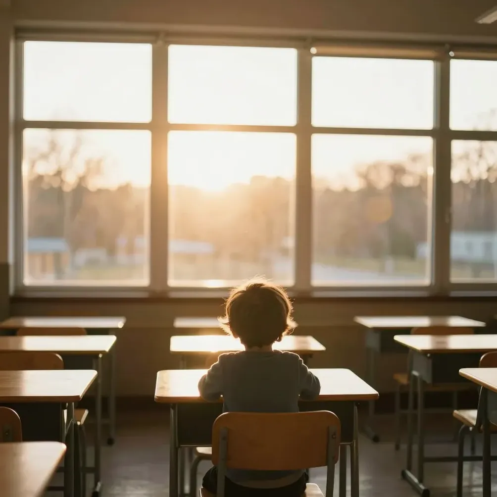 A child at a classroom desk in warm light, seen from behind