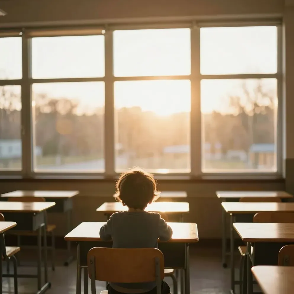 A child at a classroom desk in warm light, seen from behind