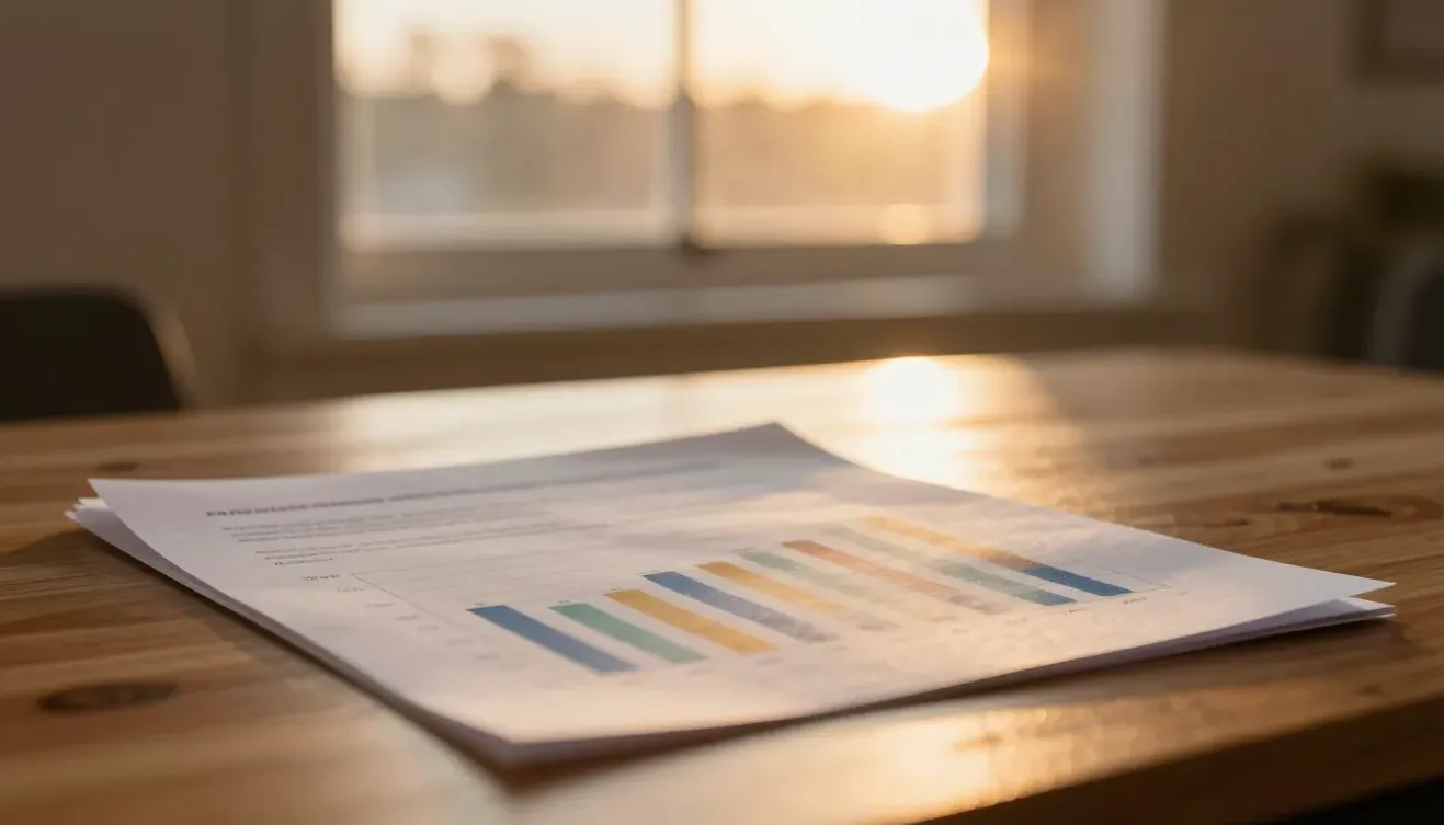 A printed data chart on a warm-lit desk by a window
