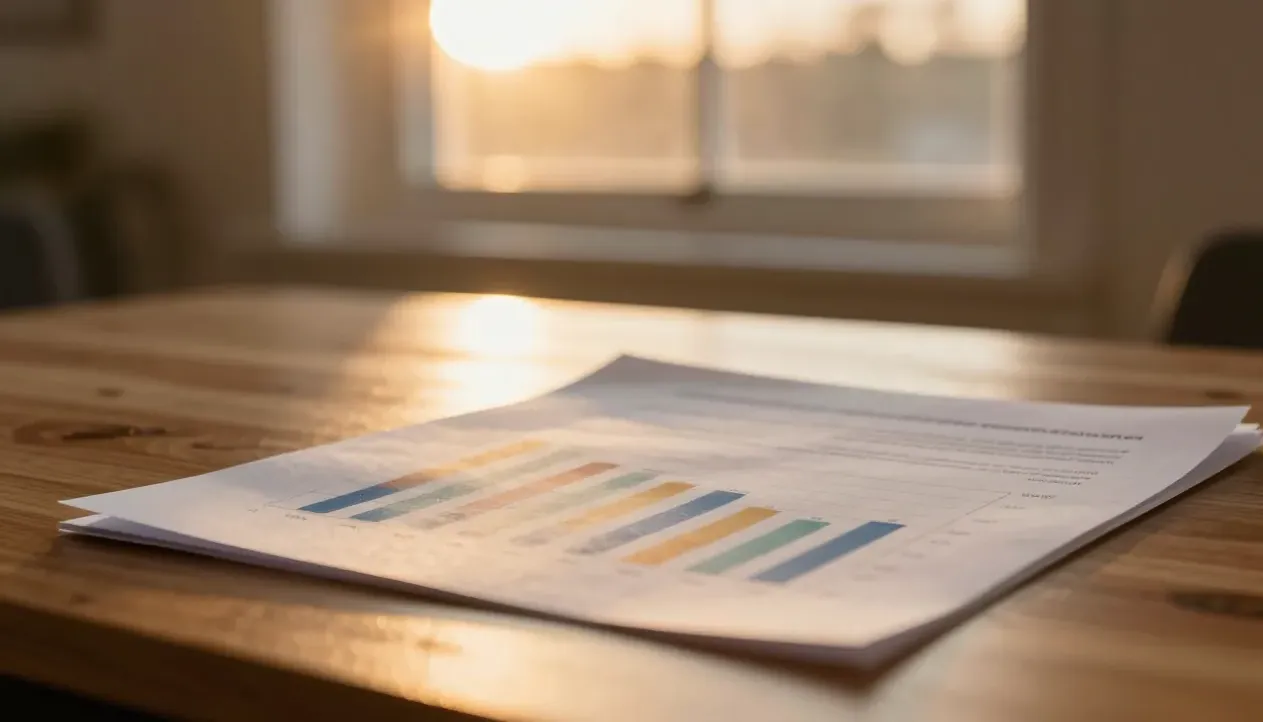 A printed data chart on a warm-lit desk by a window