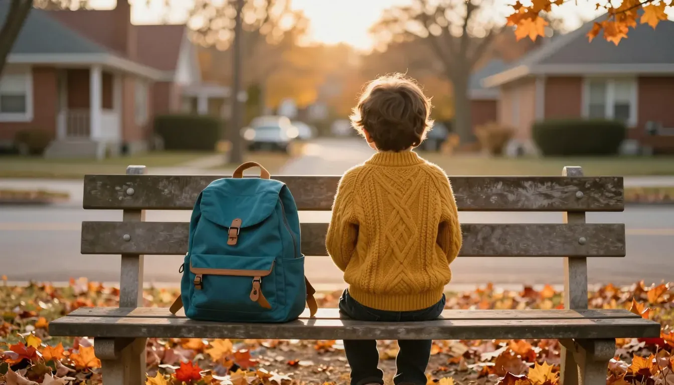 A child waits alone on a park bench at golden hour, seen from behind