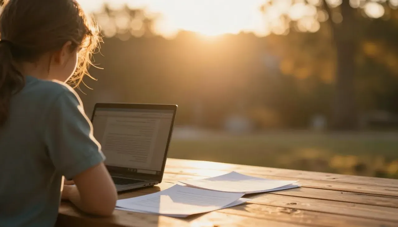 A parent and child review funding paperwork at a sunlit table