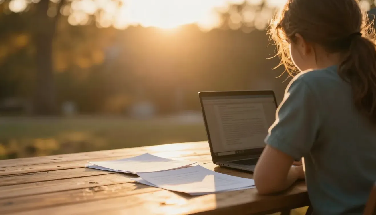 A parent and child review funding paperwork at a sunlit table