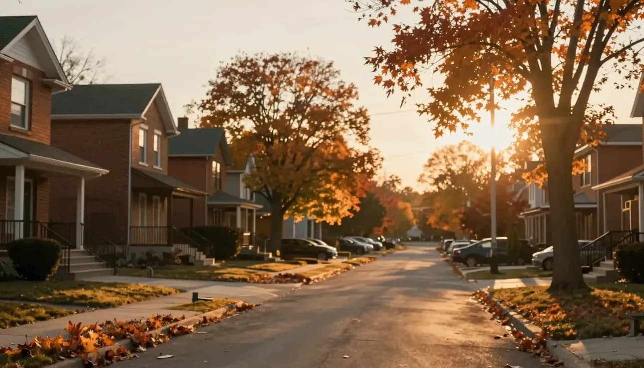 A quiet suburban Ontario street at golden-hour sunset