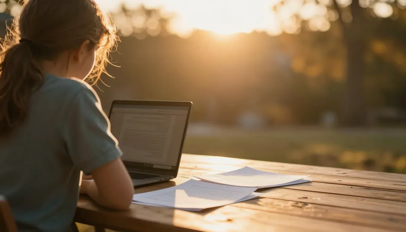 A parent and child review funding paperwork at a sunlit table