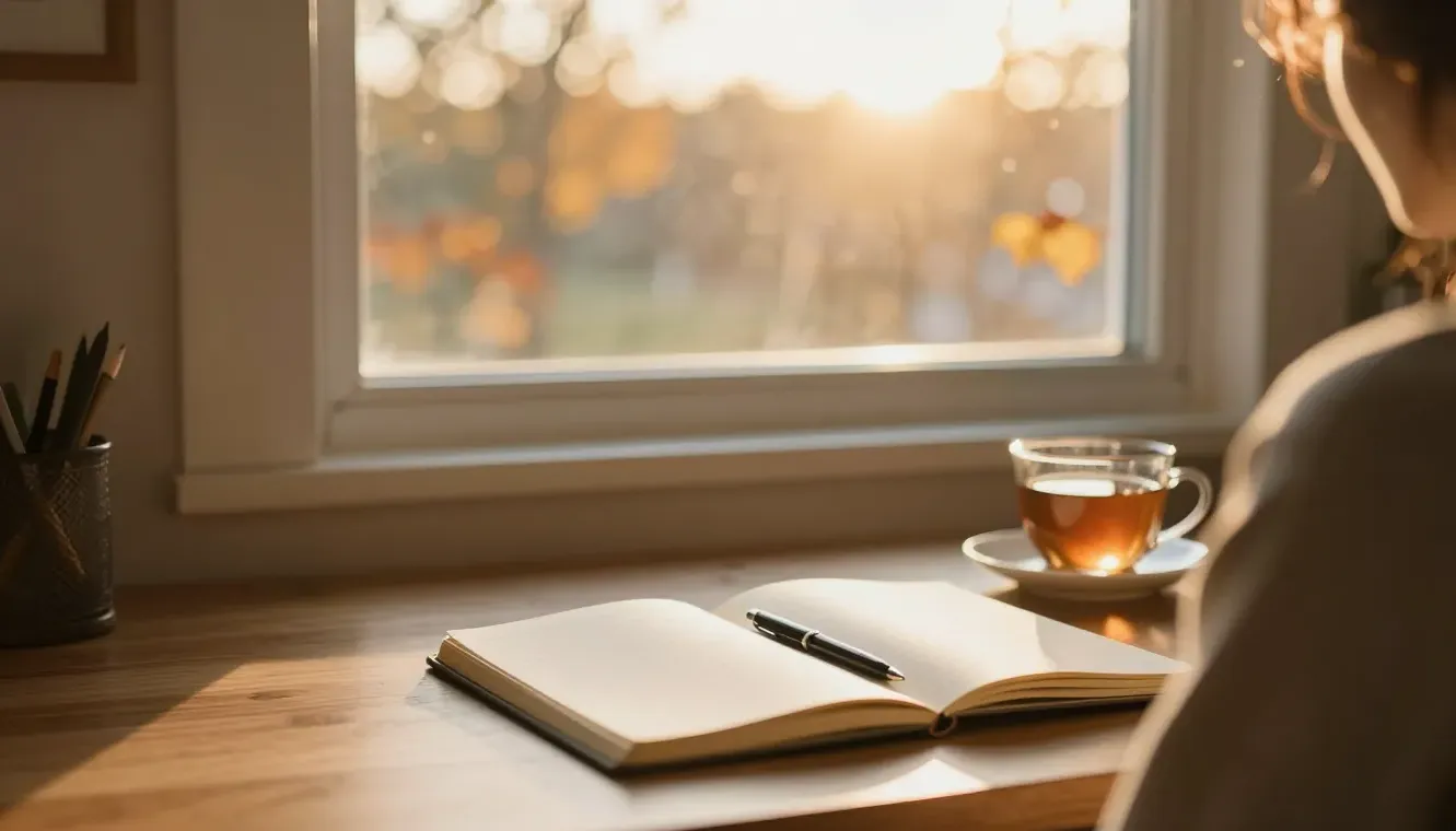 A notebook and tea on a sunlit desk by a golden window