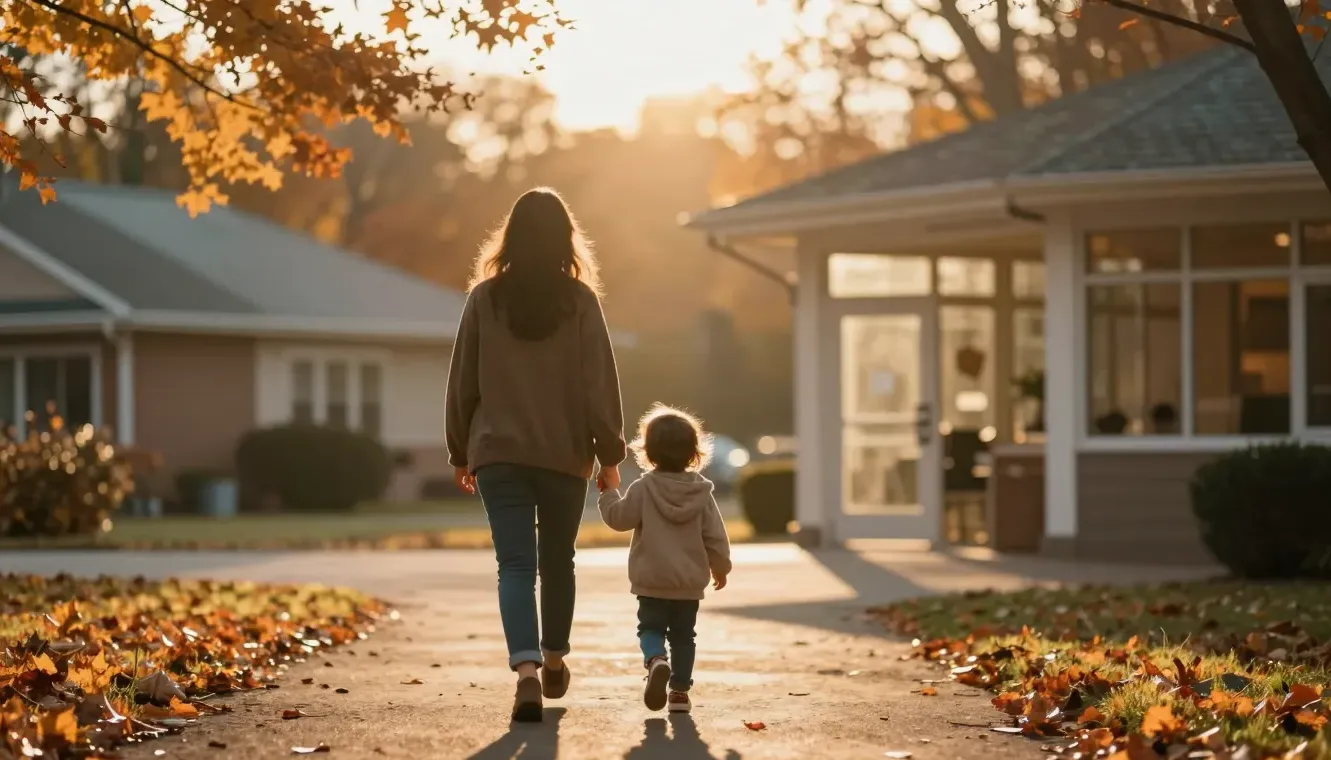 A parent and child walk toward a community centre at golden hour