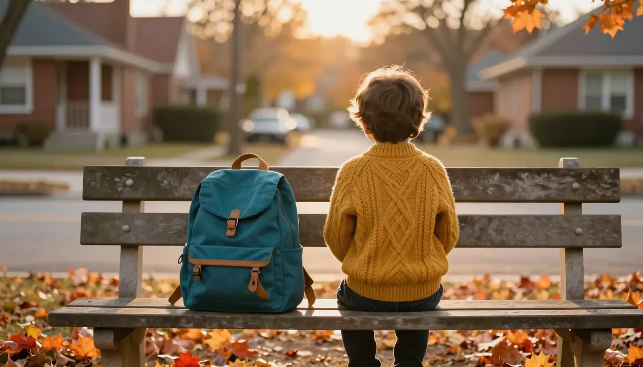 A child waits alone on a park bench at golden hour, seen from behind
