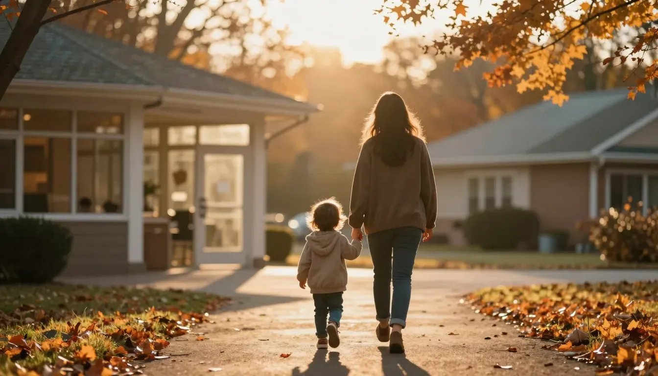 A parent and child walk toward a community centre at golden hour