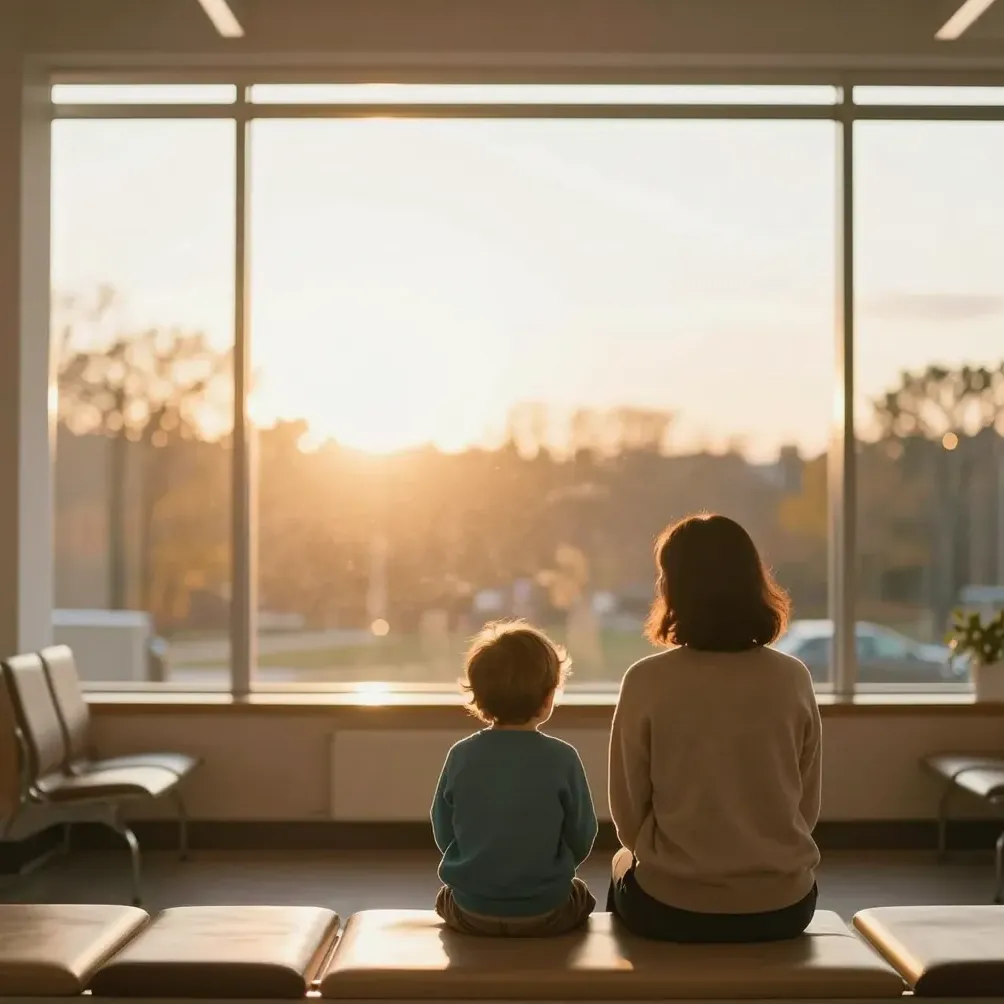 A parent and child at a clinic waiting area, seen from behind