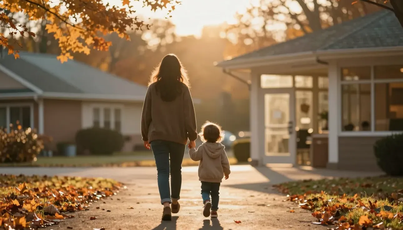 A parent and child walk toward a community centre at golden hour