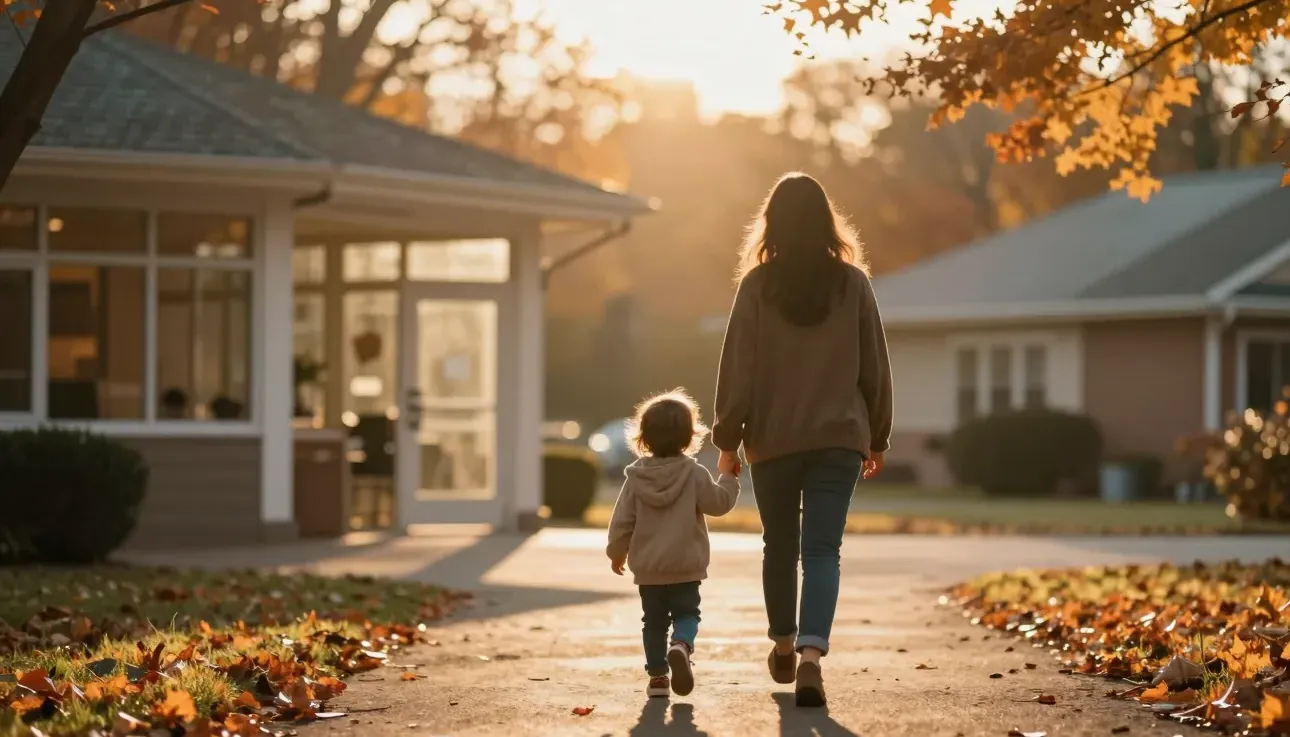 A parent and child walk toward a community centre at golden hour