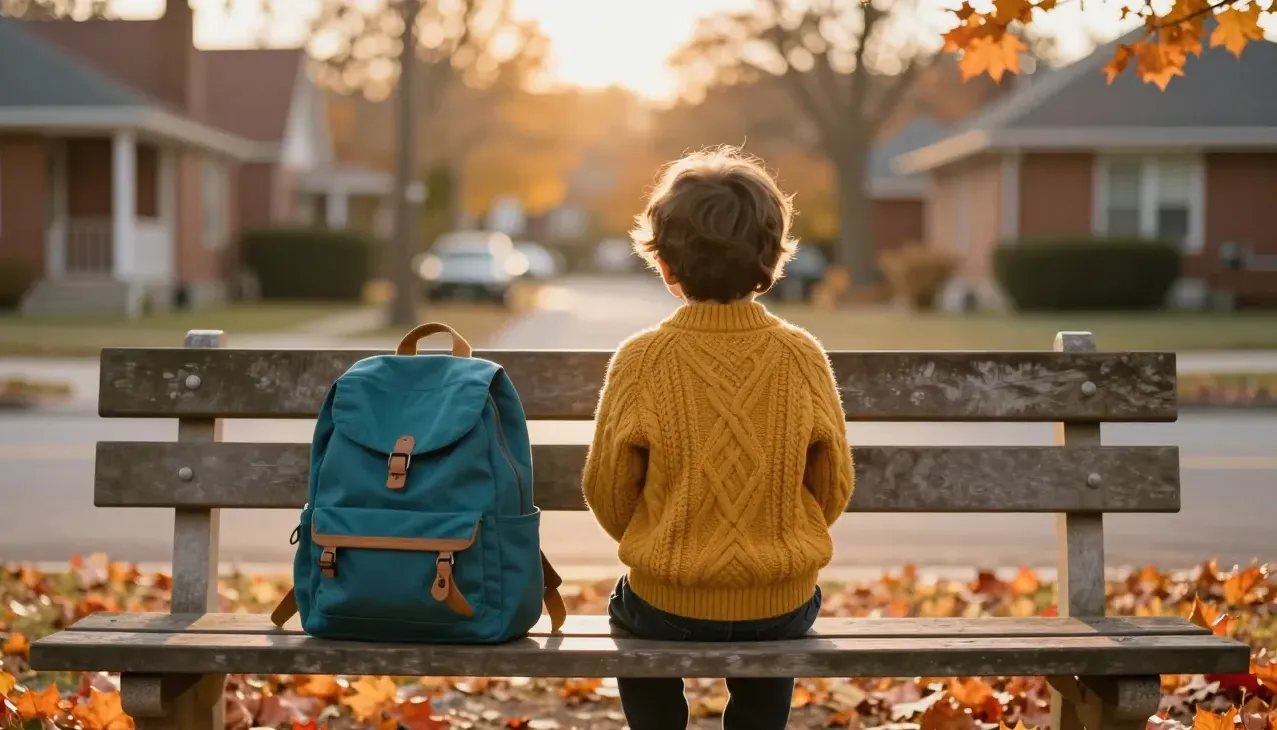 A child waits alone on a park bench at golden hour, seen from behind