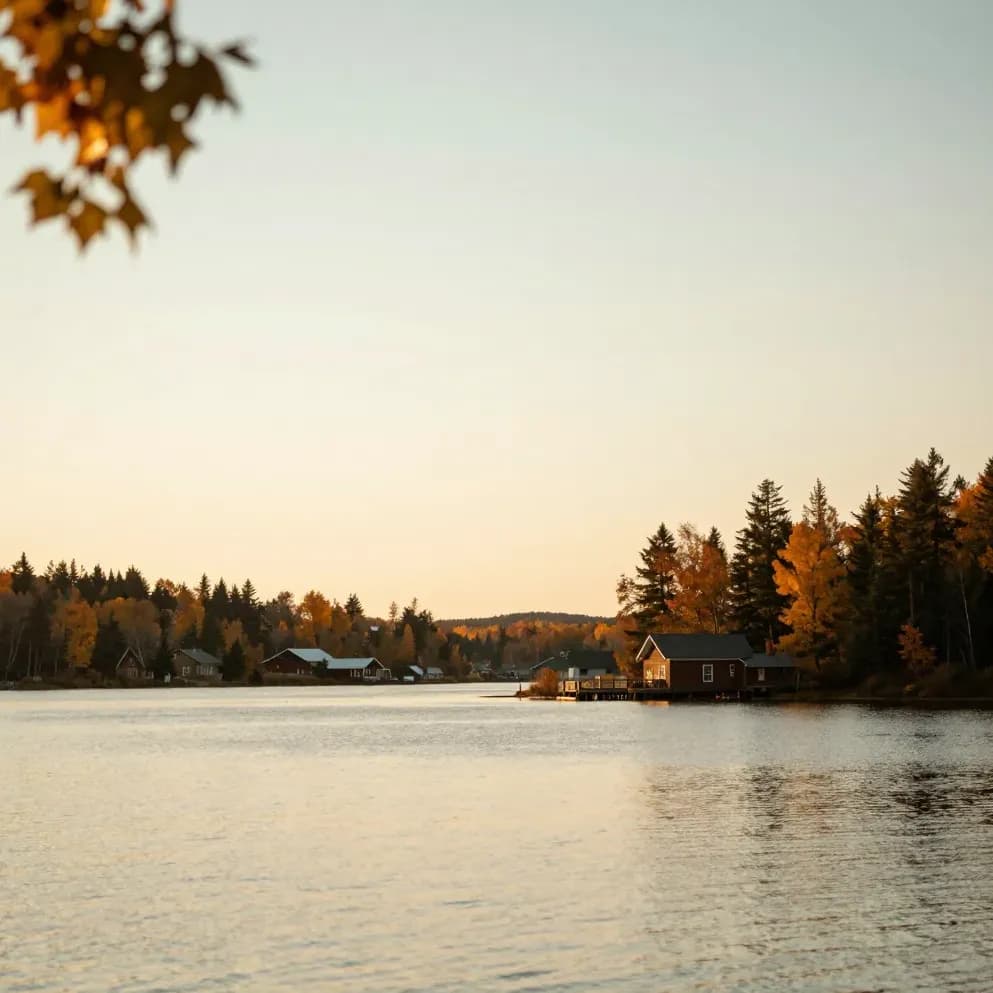 A northern Ontario town beside a calm autumn lake