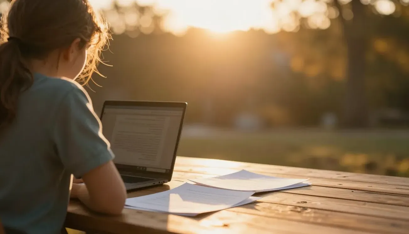 A parent and child review funding paperwork at a sunlit table