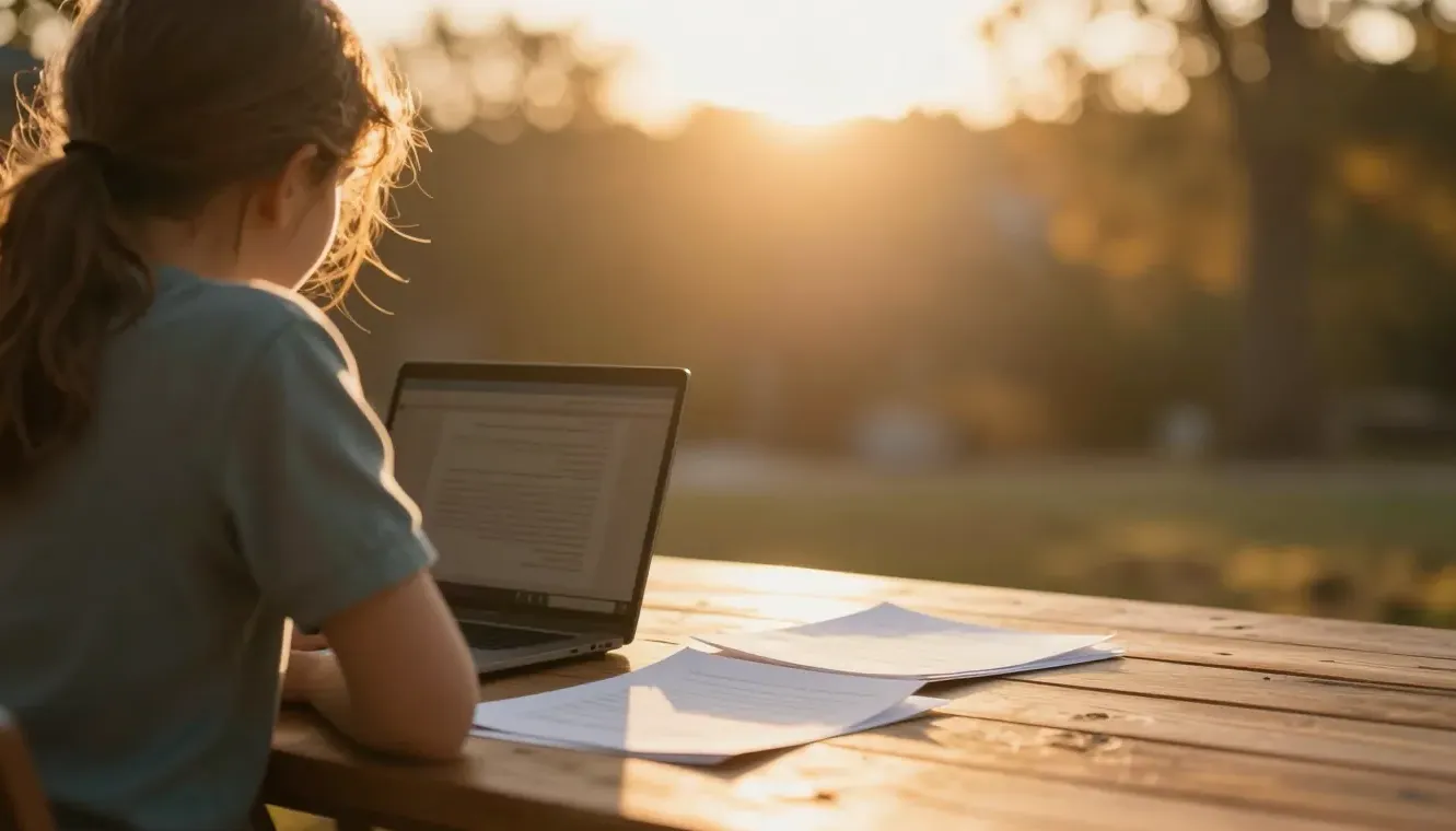 A parent and child review funding paperwork at a sunlit table