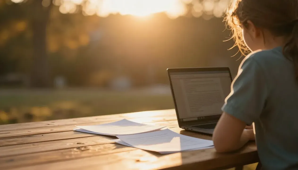 A parent and child review funding paperwork at a sunlit table