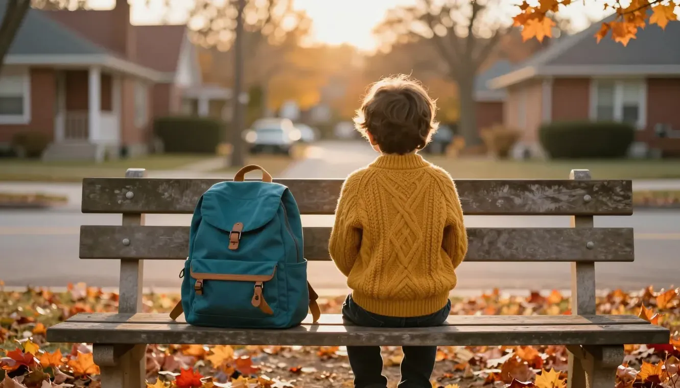 A child waits alone on a park bench at golden hour, seen from behind