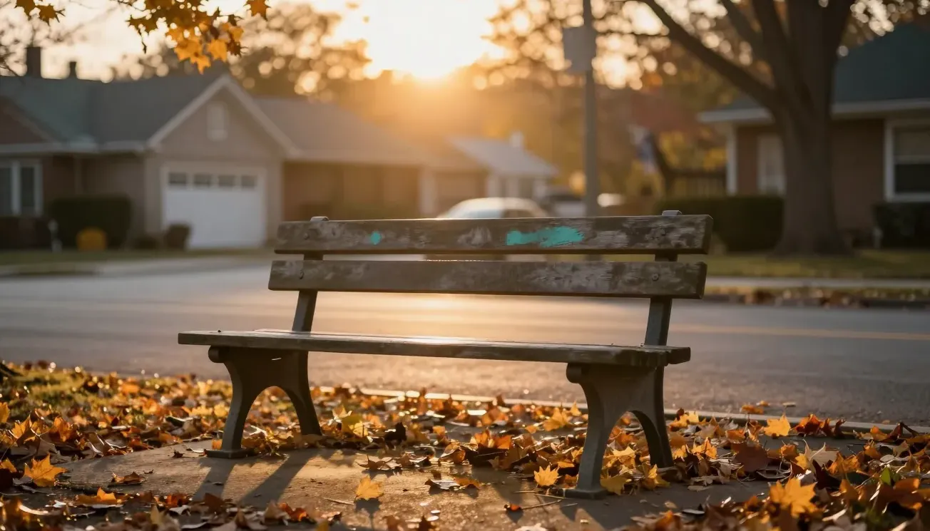 An empty park bench with autumn leaves at dusk