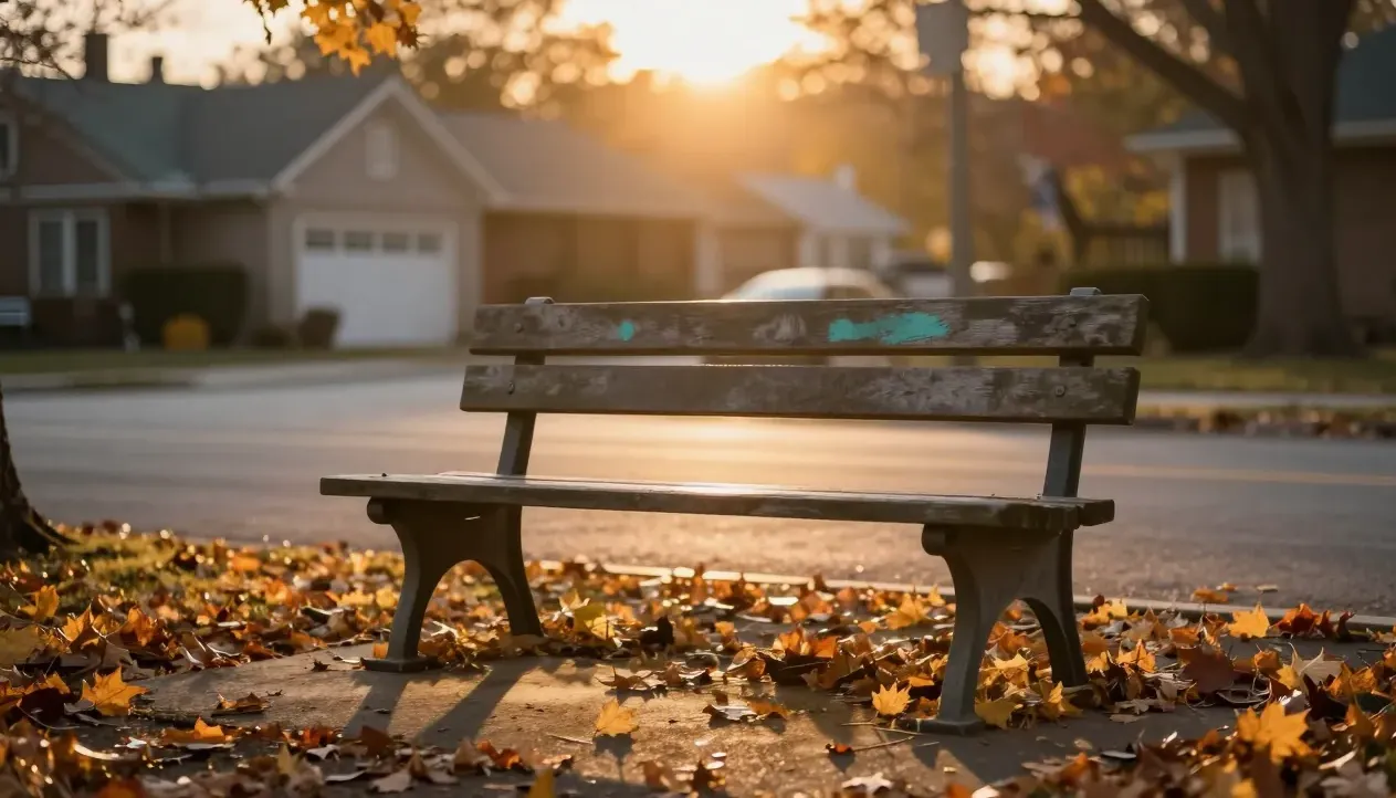 An empty park bench with autumn leaves at dusk