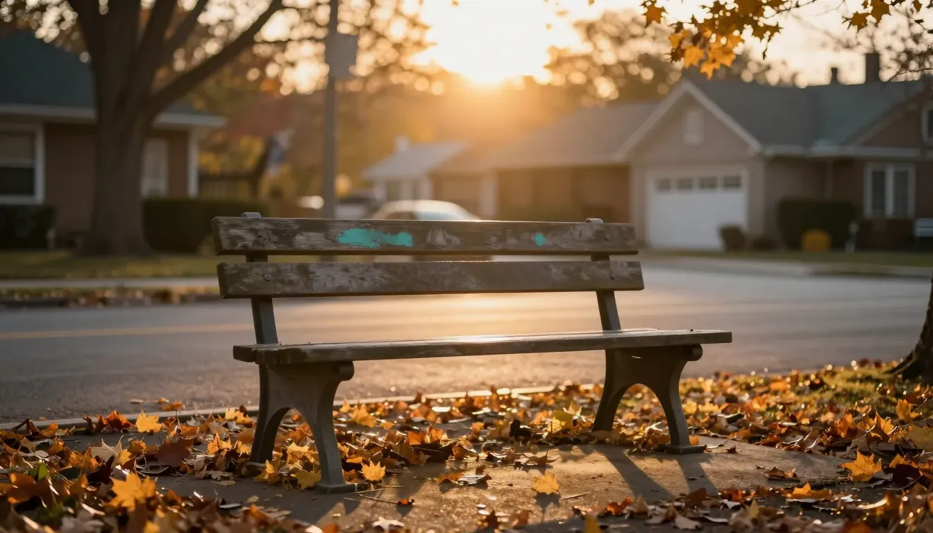 An empty park bench with autumn leaves at dusk