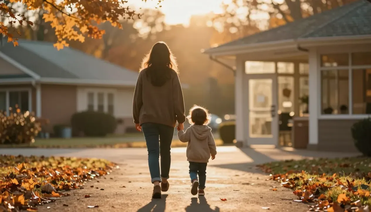 A parent and child walk toward a community centre at golden hour