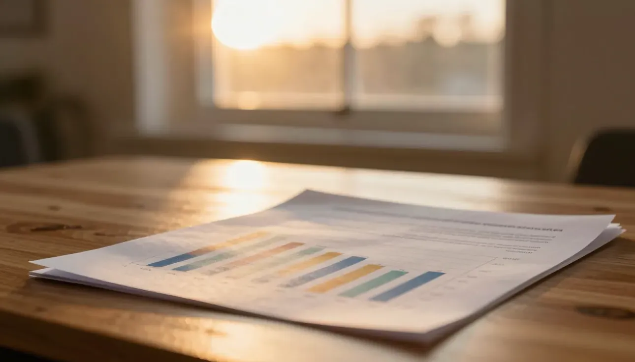 A printed data chart on a warm-lit desk by a window