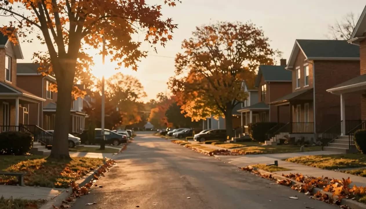 A quiet suburban Ontario street at golden-hour sunset