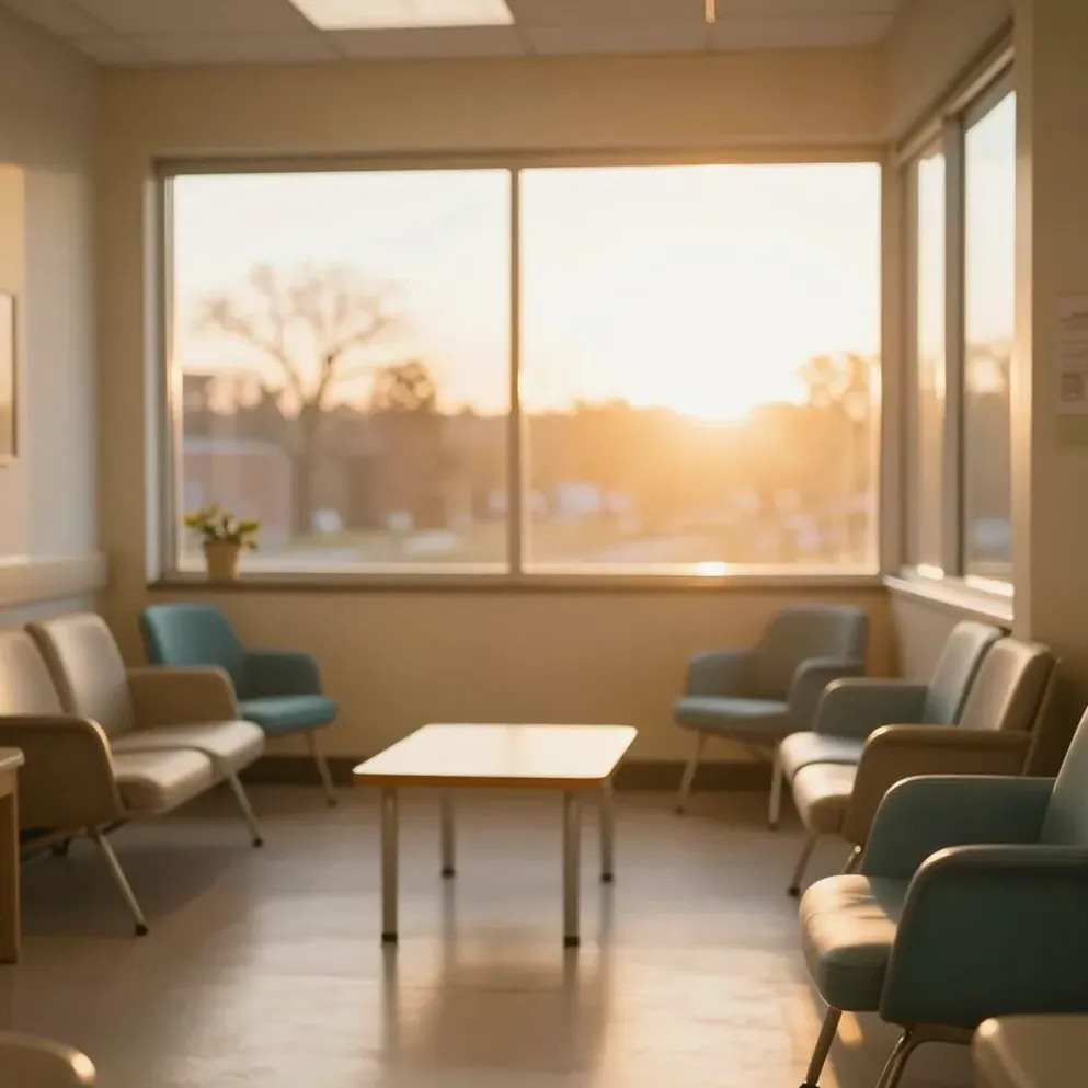 A calm, warm-lit pediatric clinic waiting area