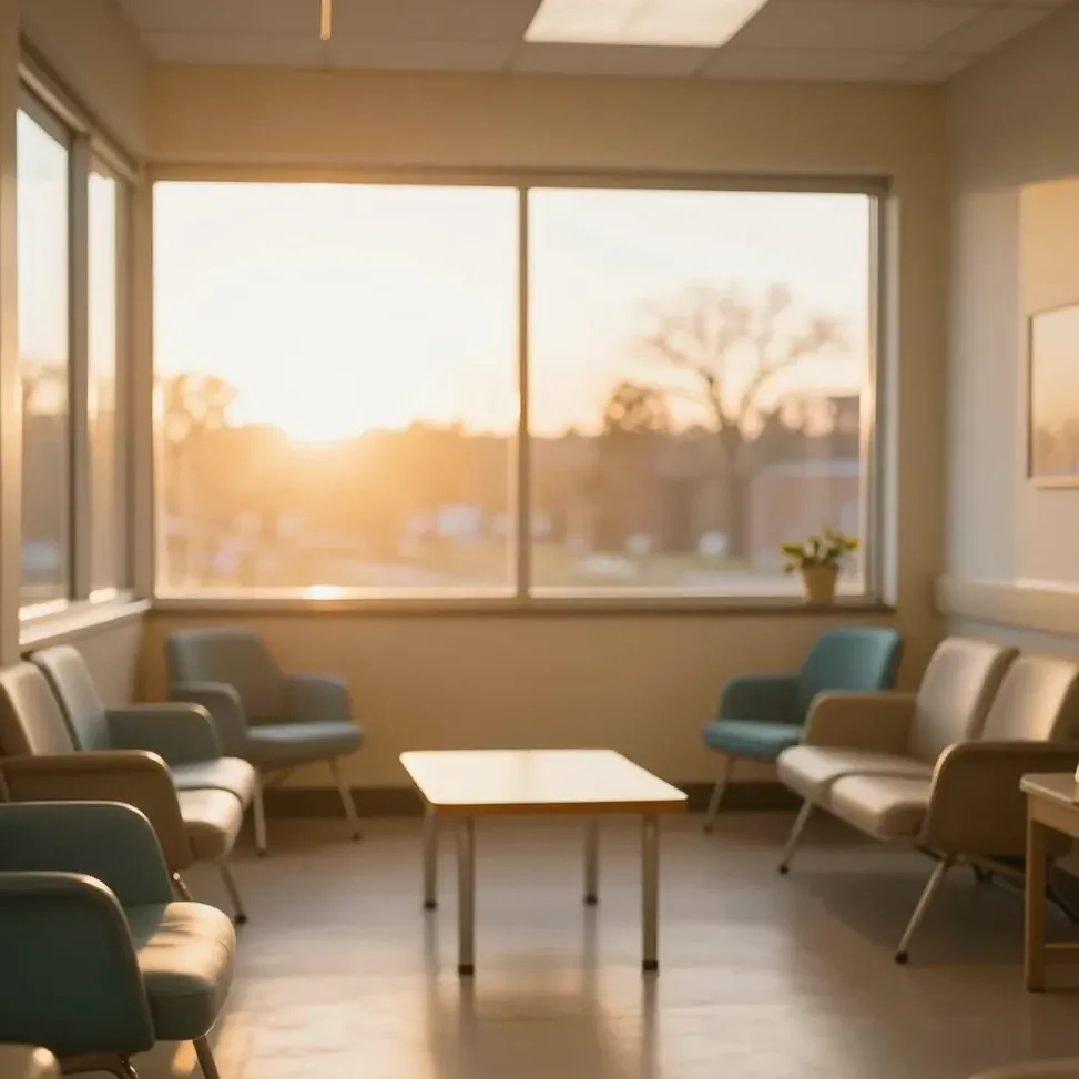 A calm, warm-lit pediatric clinic waiting area