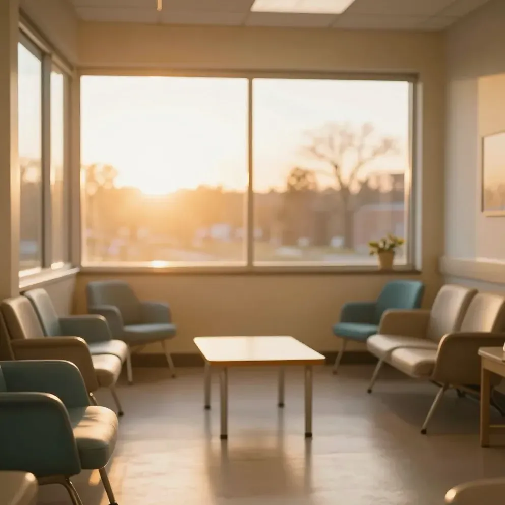 A calm, warm-lit pediatric clinic waiting area