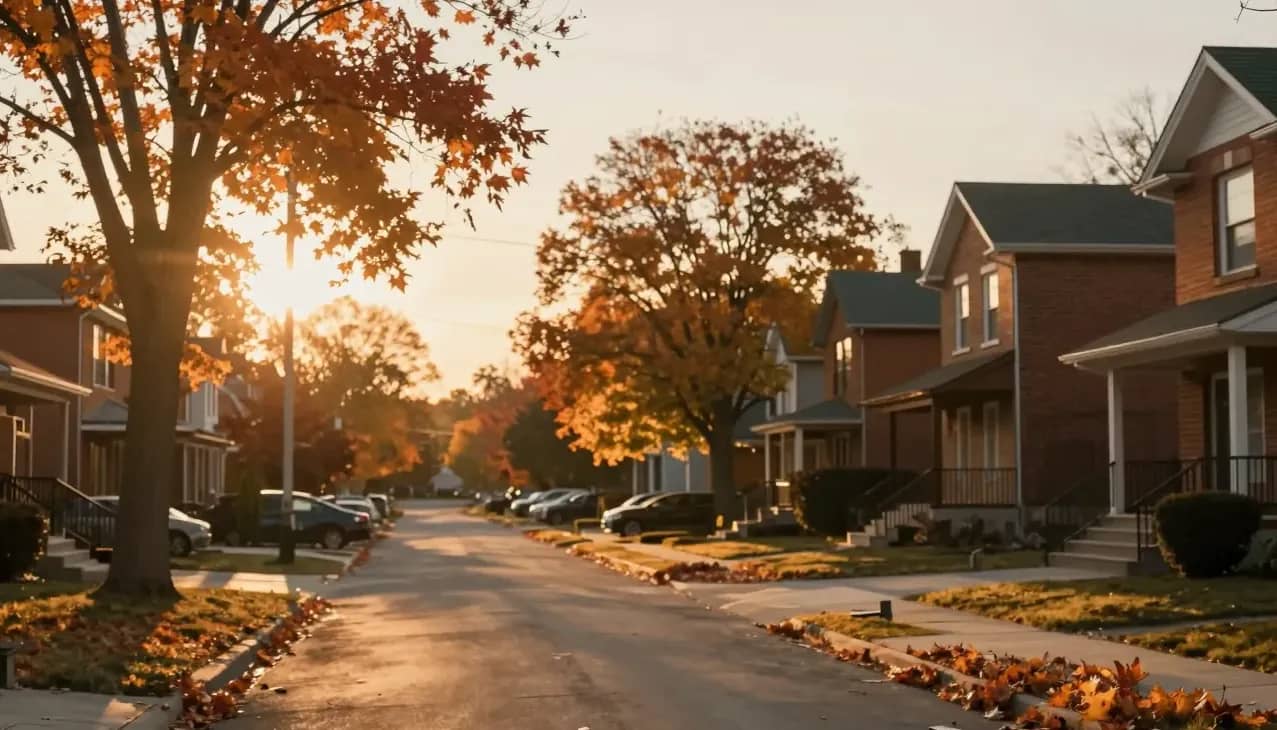 A quiet suburban Ontario street at golden-hour sunset