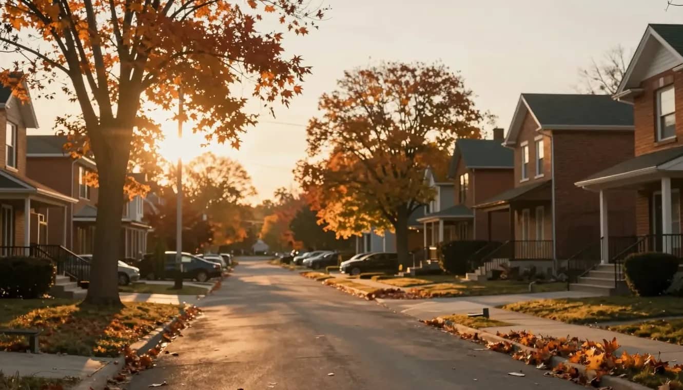 A quiet suburban Ontario street at golden-hour sunset