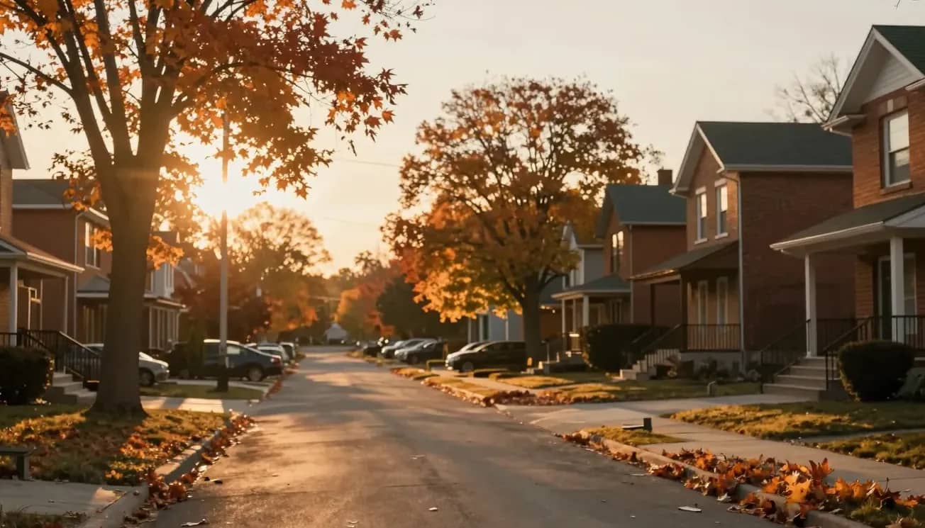 A quiet suburban Ontario street at golden-hour sunset