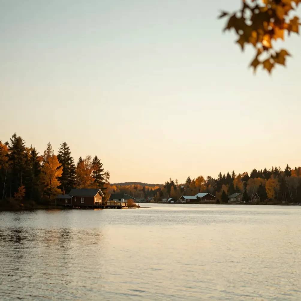A northern Ontario town beside a calm autumn lake