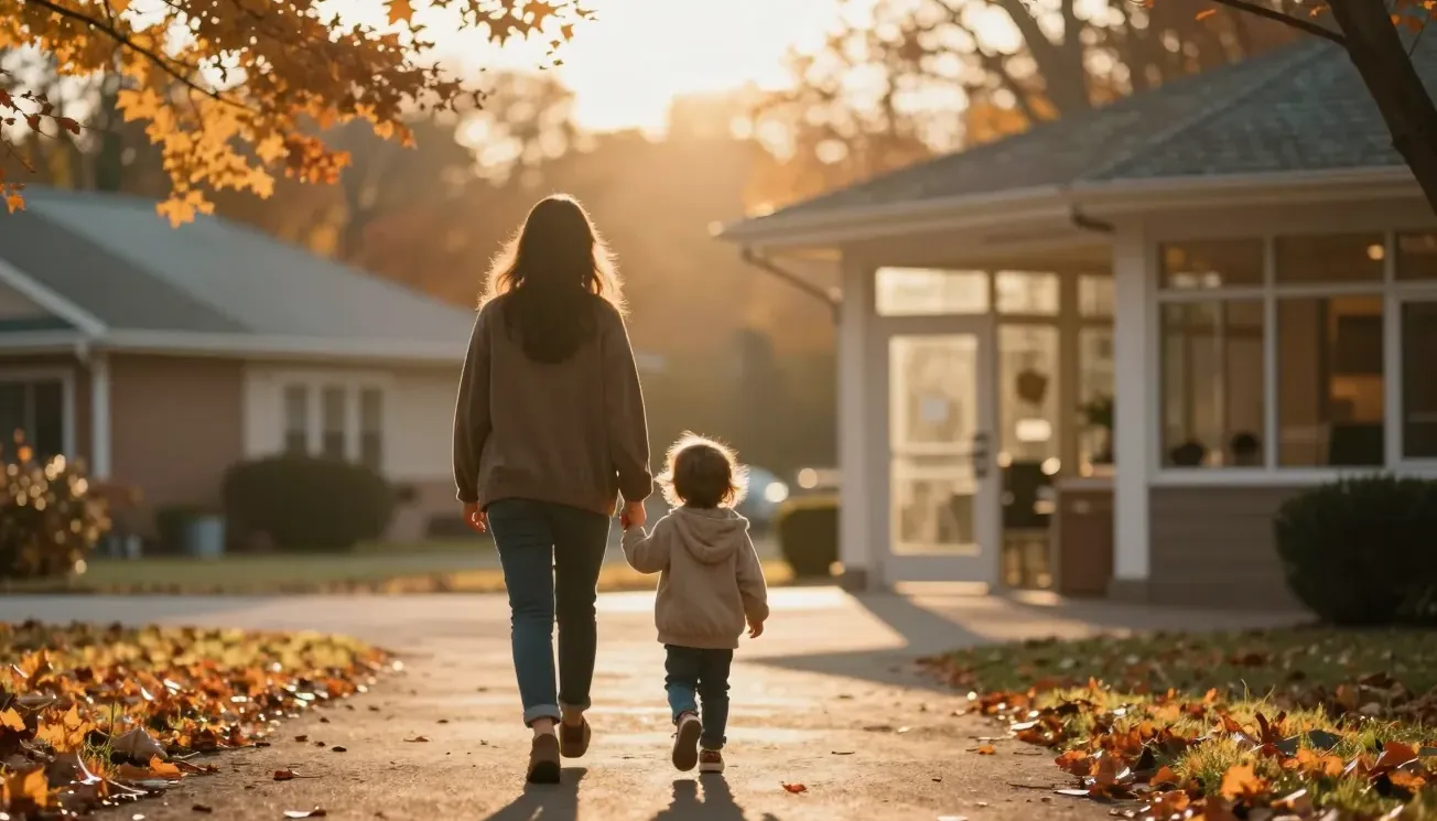 A parent and child walk toward a community centre at golden hour