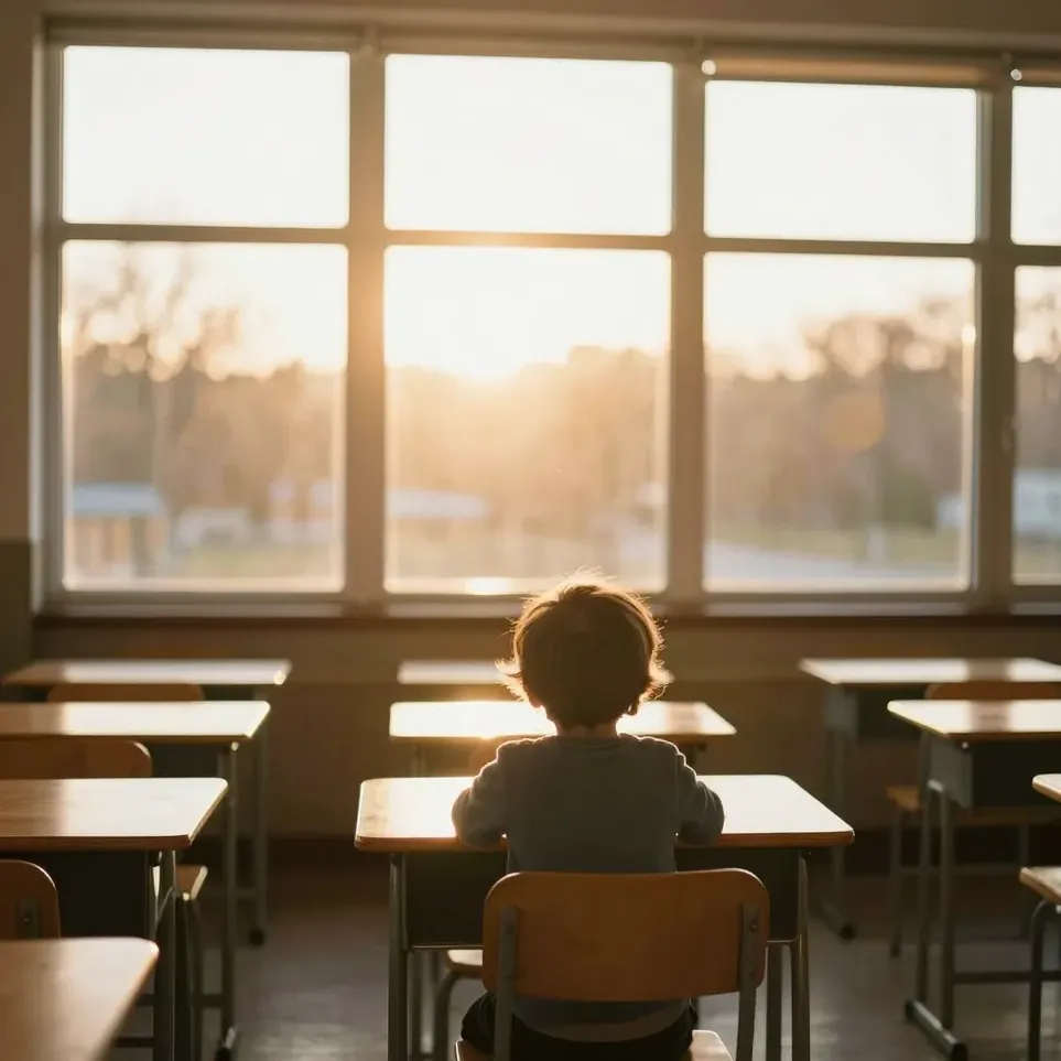 A child at a classroom desk in warm light, seen from behind