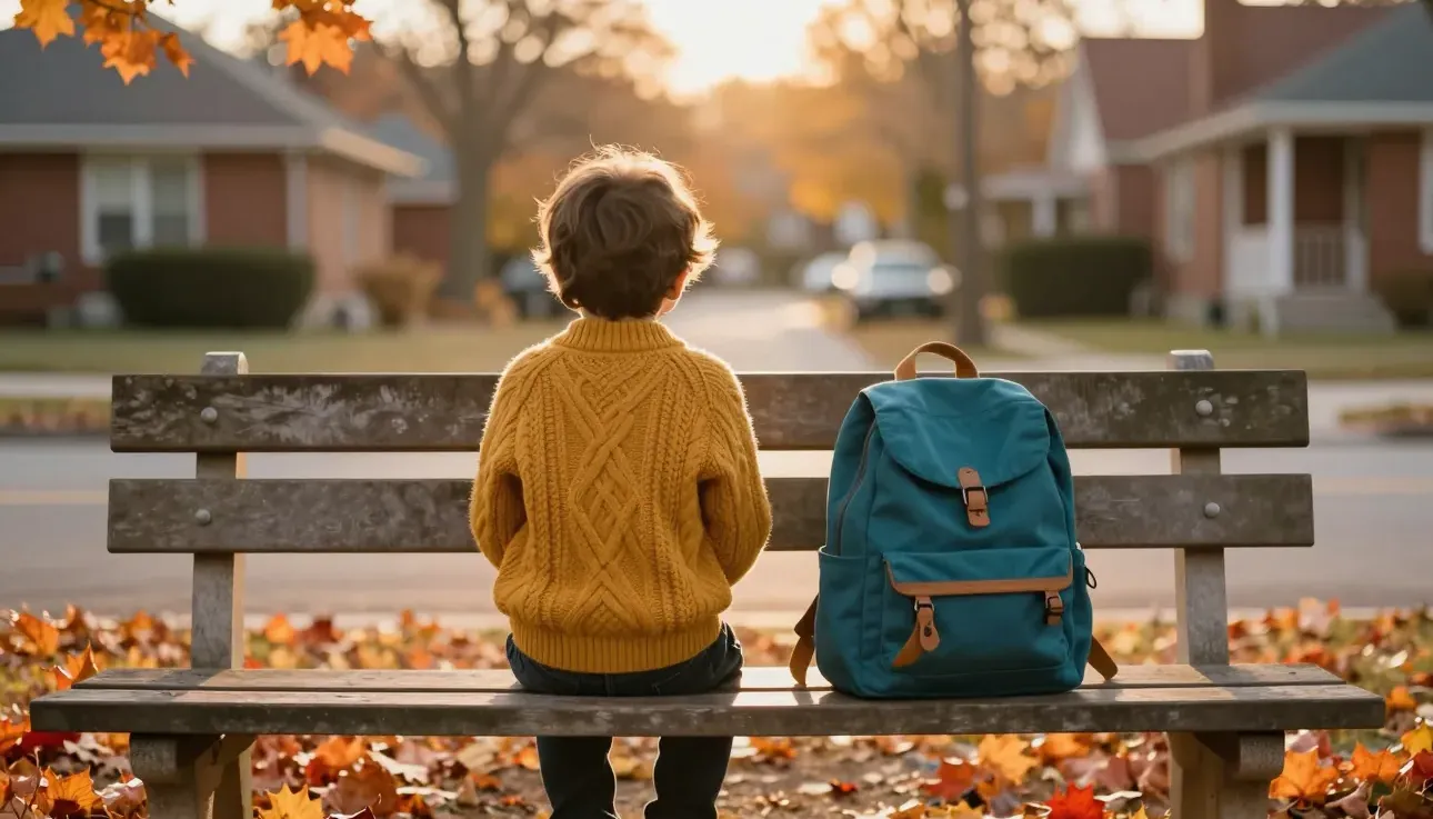 A child waits alone on a park bench at golden hour, seen from behind