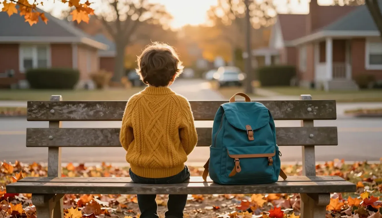 A child waits alone on a park bench at golden hour, seen from behind