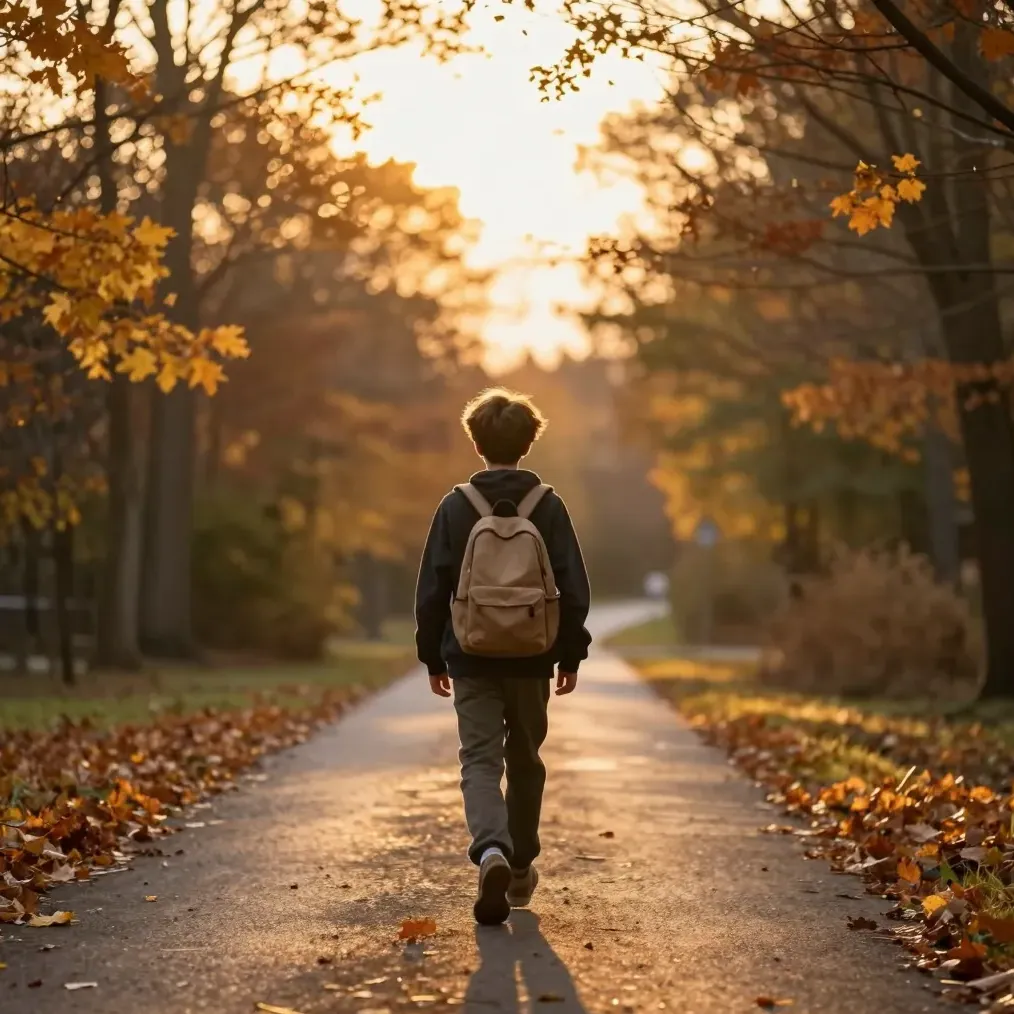 A teenager walks a tree-lined autumn path at golden hour, seen from behind