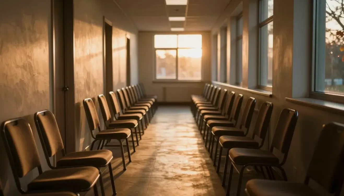 A long corridor of empty chairs receding toward warm light