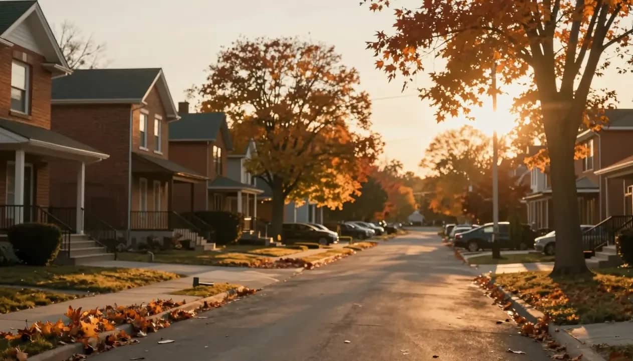 A quiet suburban Ontario street at golden-hour sunset