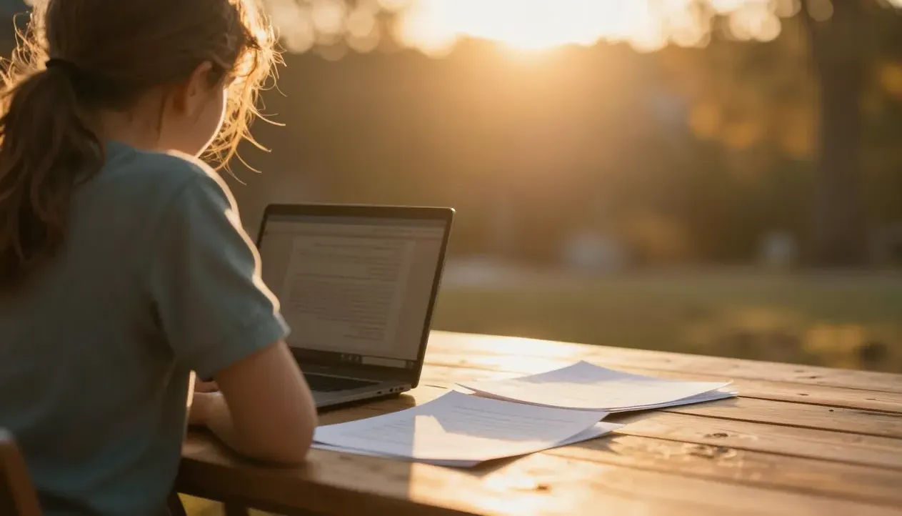 A parent and child review funding paperwork at a sunlit table