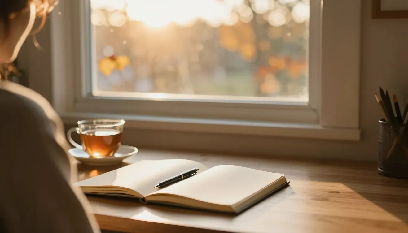 A notebook and tea on a sunlit desk by a golden window