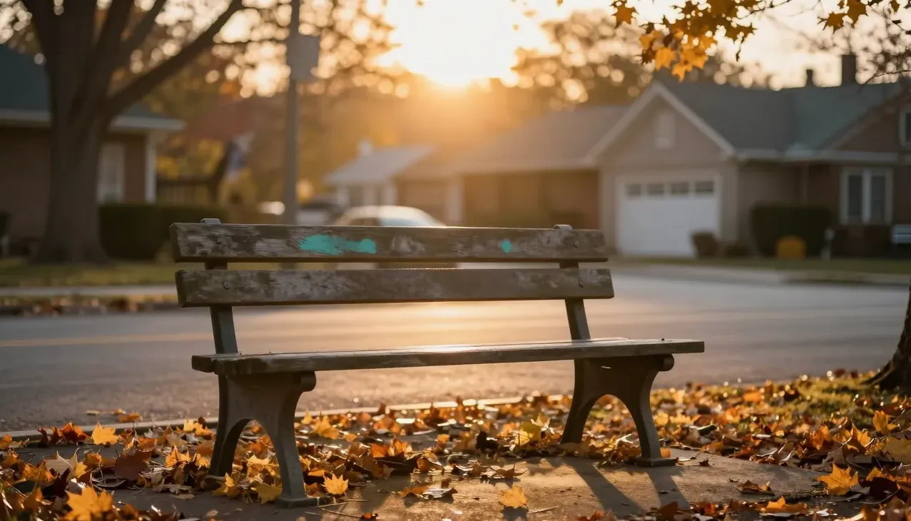 An empty park bench with autumn leaves at dusk