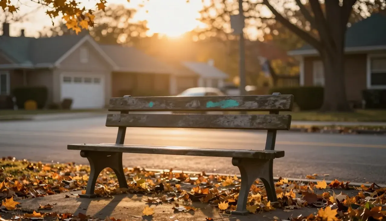 An empty park bench with autumn leaves at dusk