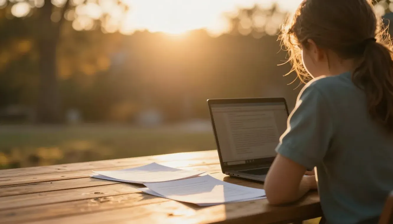 A parent and child review funding paperwork at a sunlit table
