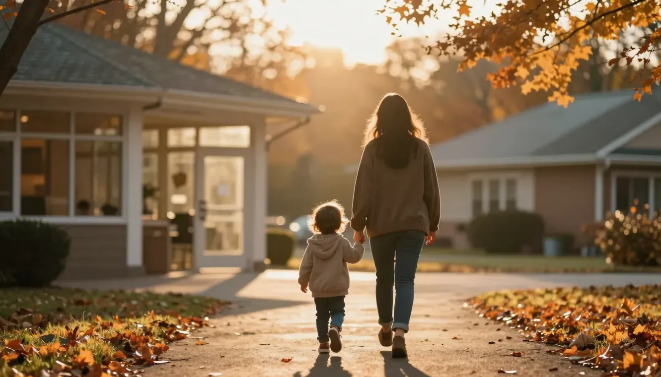 A parent and child walk toward a community centre at golden hour